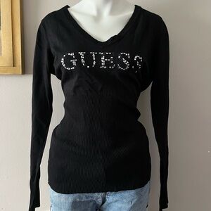 Guess Black V-Neck Rhinestone Logo Sweater